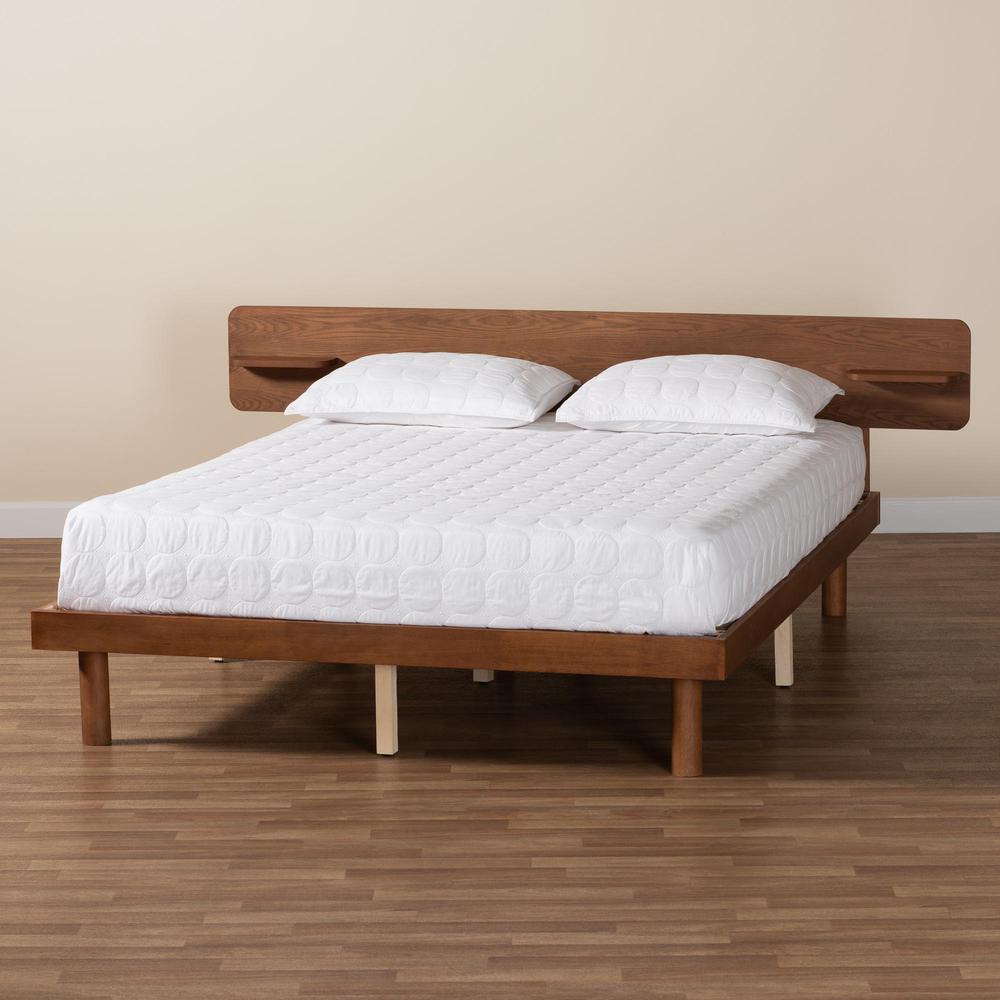 Walnut Brown Finished Wood Queen Size Platform Bed with Built-in Shelf. Picture 17