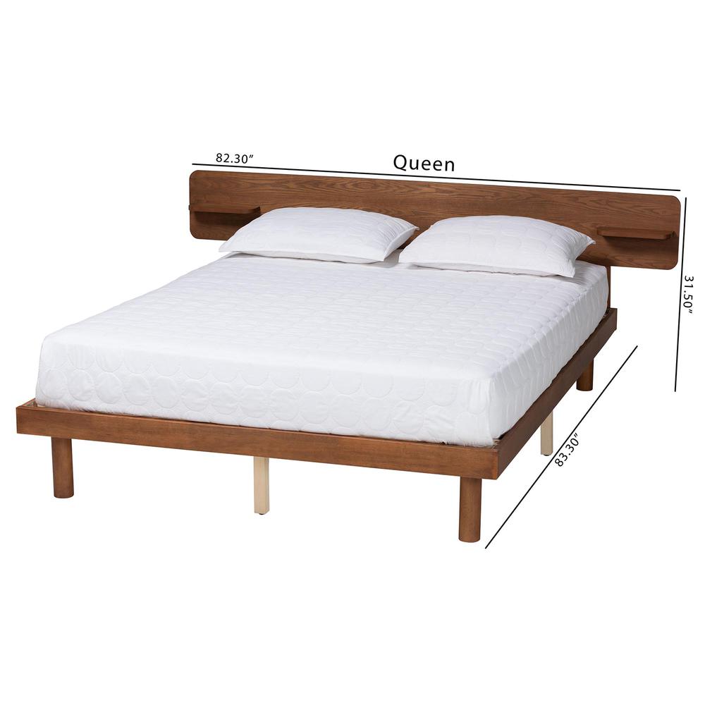 Walnut Brown Finished Wood Queen Size Platform Bed with Built-in Shelf. Picture 18