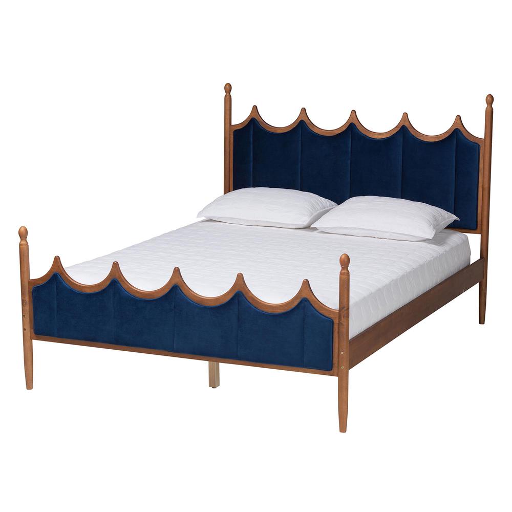 Royal Blue Velvet Fabric and Walnut Brown Wood Queen Size Platform Bed. Picture 10