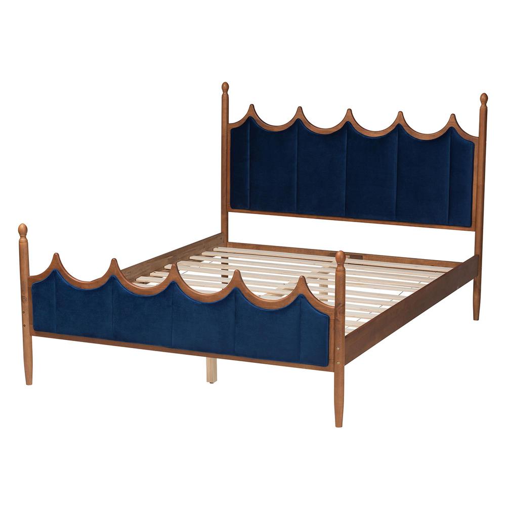 Royal Blue Velvet Fabric and Walnut Brown Wood Queen Size Platform Bed. Picture 12