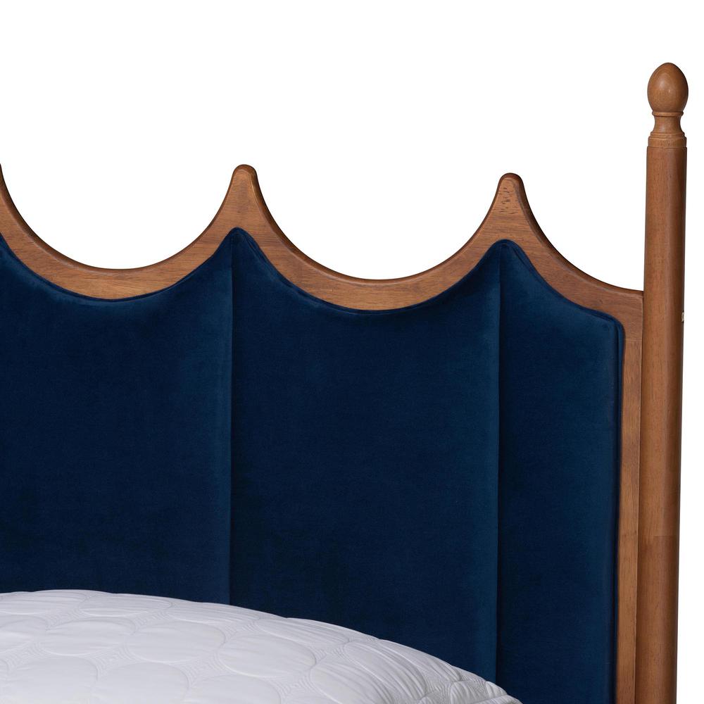 Royal Blue Velvet Fabric and Walnut Brown Wood Queen Size Platform Bed. Picture 13