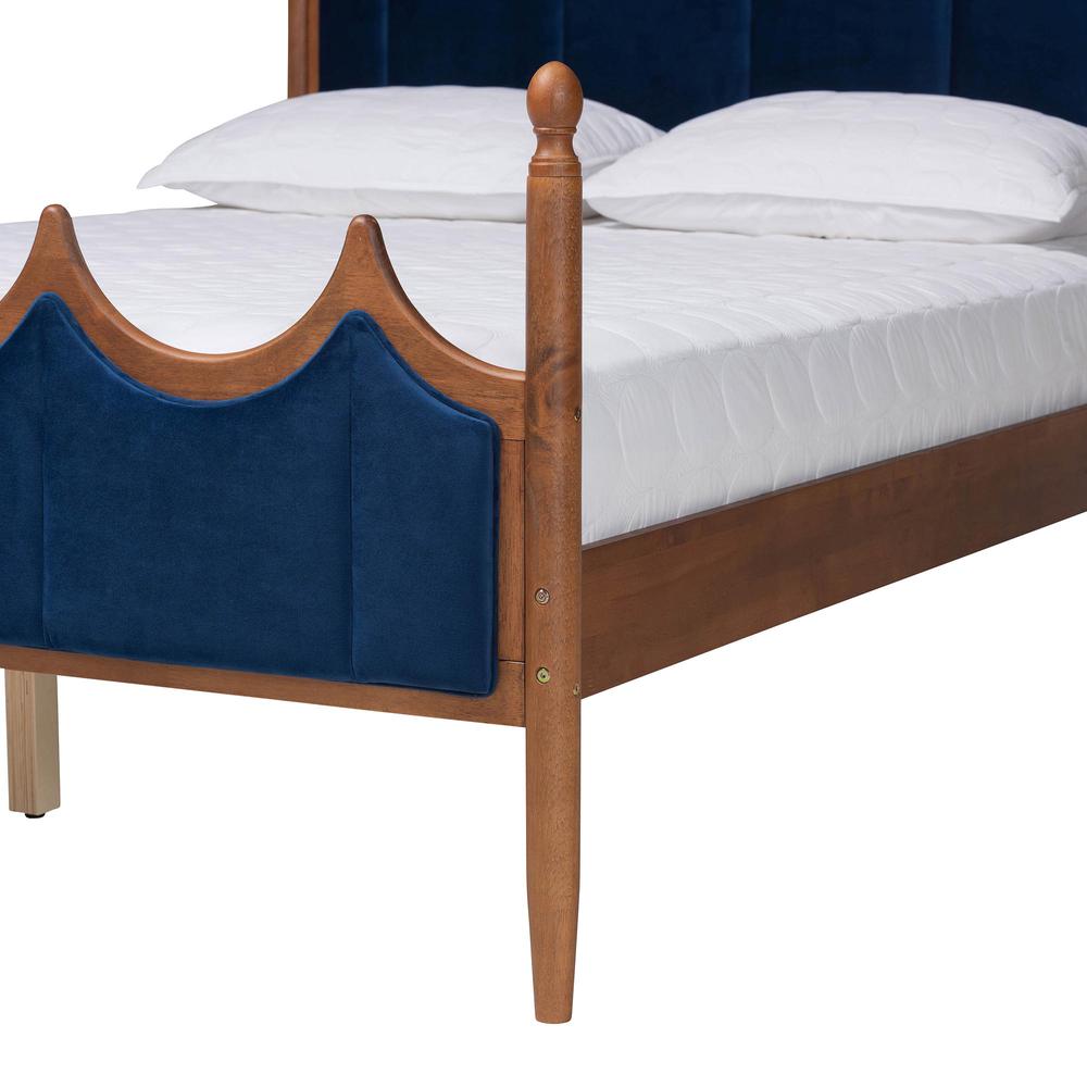 Royal Blue Velvet Fabric and Walnut Brown Wood Queen Size Platform Bed. Picture 14