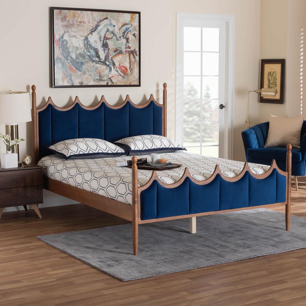 Royal Blue Velvet Fabric and Walnut Brown Wood Queen Size Platform Bed. Picture 16