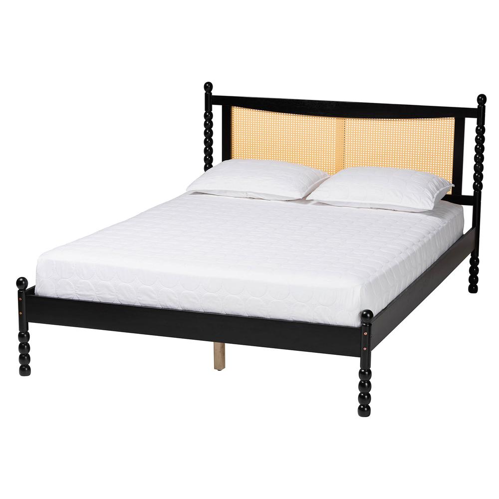 Okena Mid-Century Modern Black Wood Queen Size Platform Bed with Woven Rattan. Picture 10