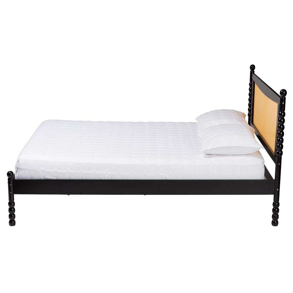 Okena Mid-Century Modern Black Wood Queen Size Platform Bed with Woven Rattan. Picture 11