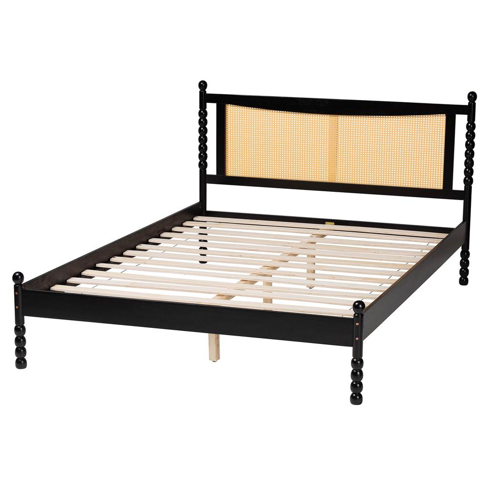 Okena Mid-Century Modern Black Wood Queen Size Platform Bed with Woven Rattan. Picture 12