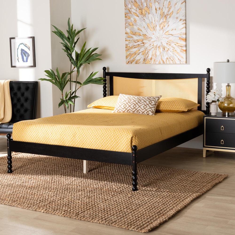 Okena Mid-Century Modern Black Wood Queen Size Platform Bed with Woven Rattan. Picture 16