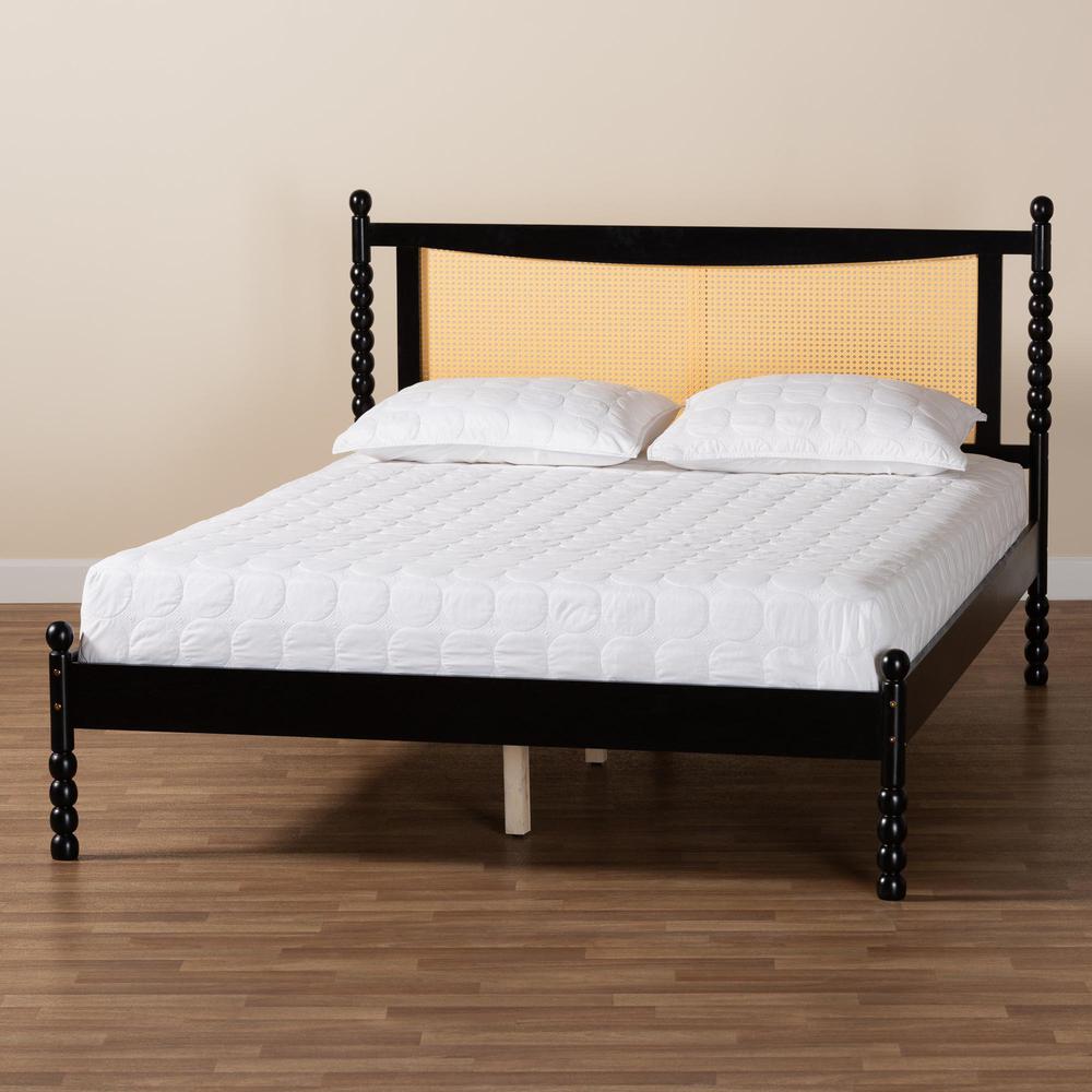 Okena Mid-Century Modern Black Wood Queen Size Platform Bed with Woven Rattan. Picture 17