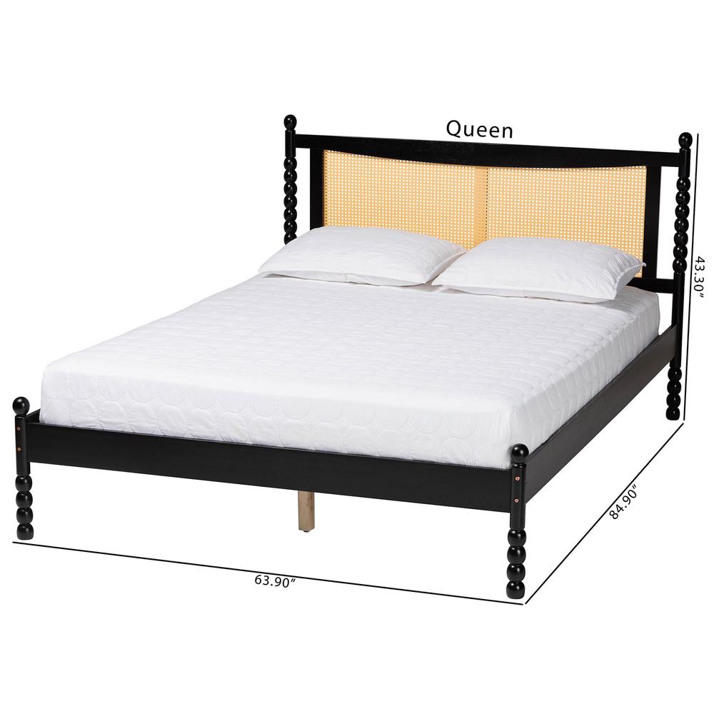 Okena Mid-Century Modern Black Wood Queen Size Platform Bed with Woven Rattan. Picture 18