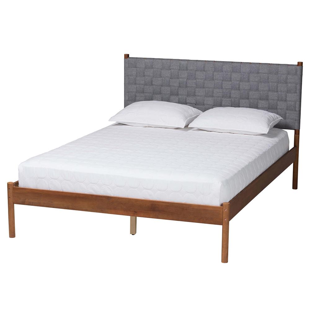 Modern Grey Woven Fabric and Walnut Brown Wood Queen Size Platform Bed. Picture 10