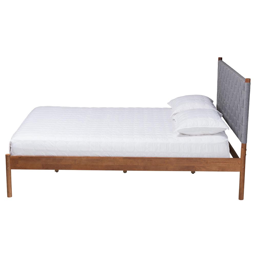 Modern Grey Woven Fabric and Walnut Brown Wood Queen Size Platform Bed. Picture 11