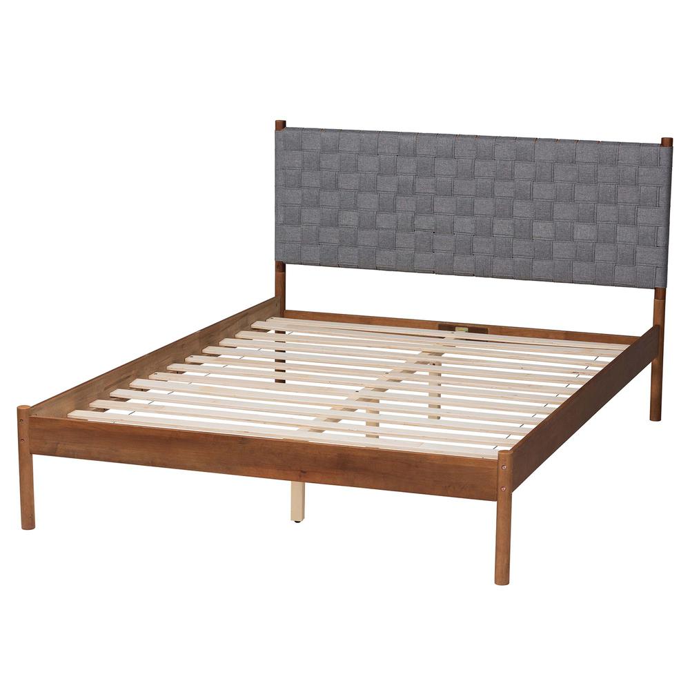Modern Grey Woven Fabric and Walnut Brown Wood Queen Size Platform Bed. Picture 12