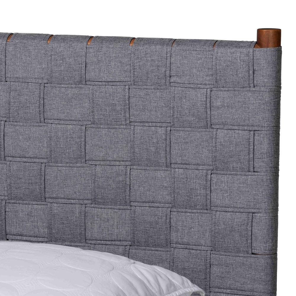 Modern Grey Woven Fabric and Walnut Brown Wood Queen Size Platform Bed. Picture 13