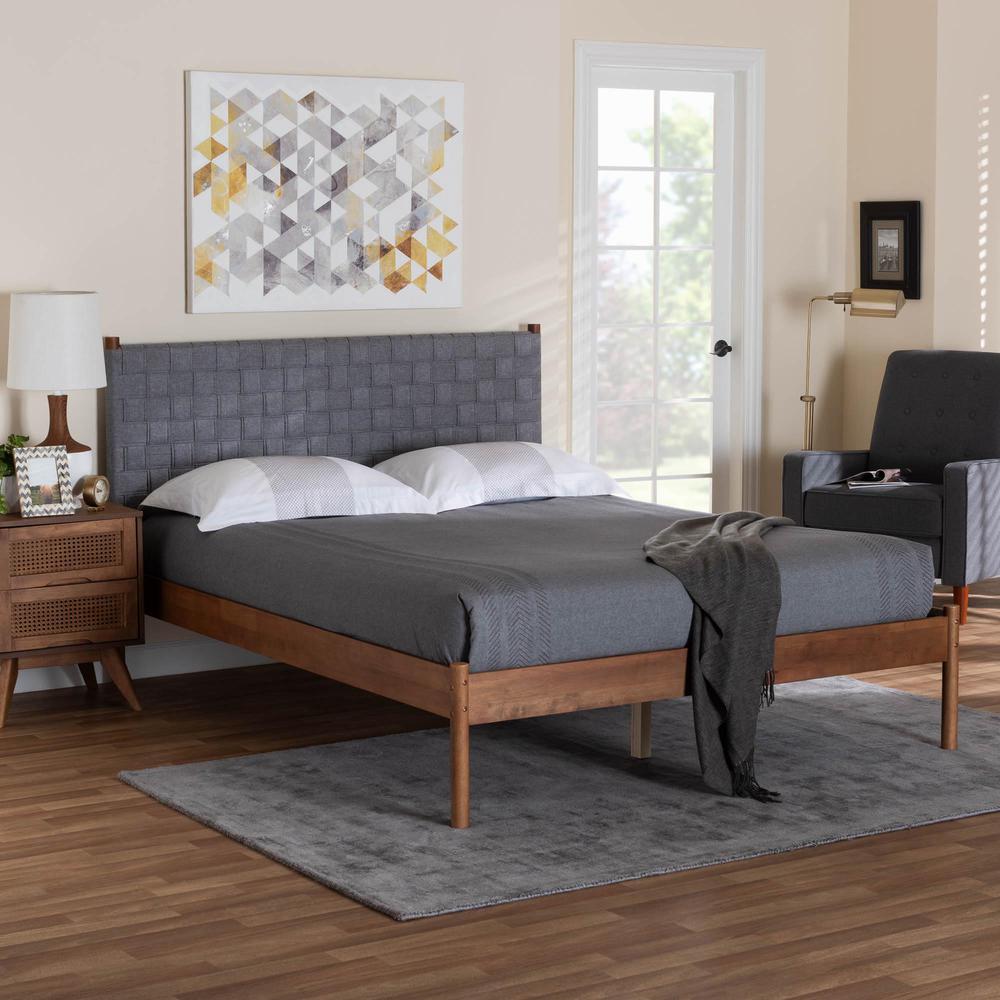 Modern Grey Woven Fabric and Walnut Brown Wood Queen Size Platform Bed. Picture 16