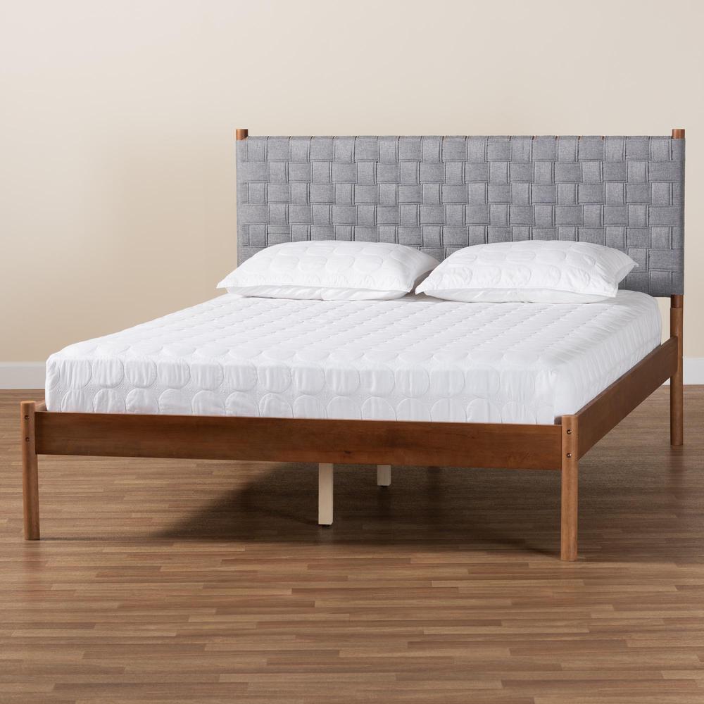 Modern Grey Woven Fabric and Walnut Brown Wood Queen Size Platform Bed. Picture 17