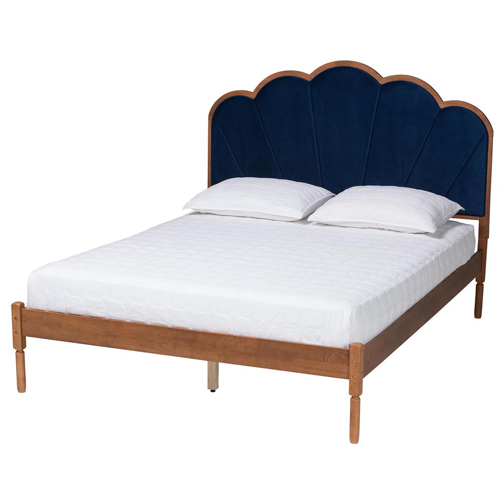 Modern Navy Blue Velvet and Walnut Brown Finished Wood Queen Size Platform Bed. Picture 10