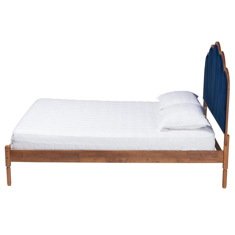 Modern Navy Blue Velvet and Walnut Brown Finished Wood Queen Size Platform Bed. Picture 11