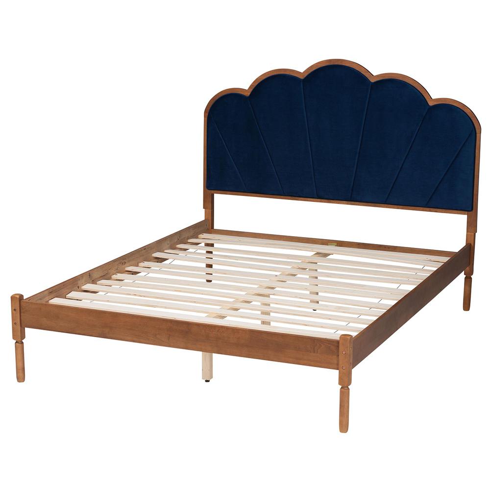 Modern Navy Blue Velvet and Walnut Brown Finished Wood Queen Size Platform Bed. Picture 12
