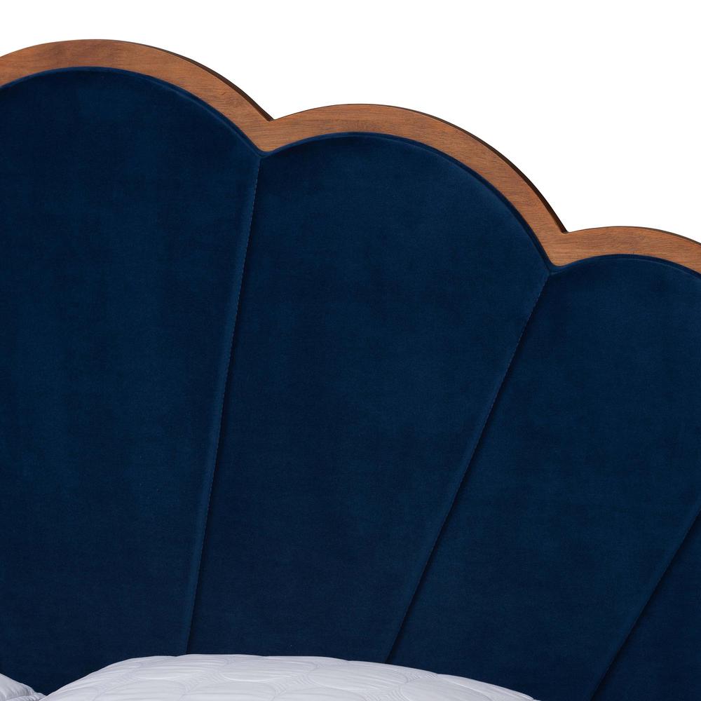 Modern Navy Blue Velvet and Walnut Brown Finished Wood Queen Size Platform Bed. Picture 13