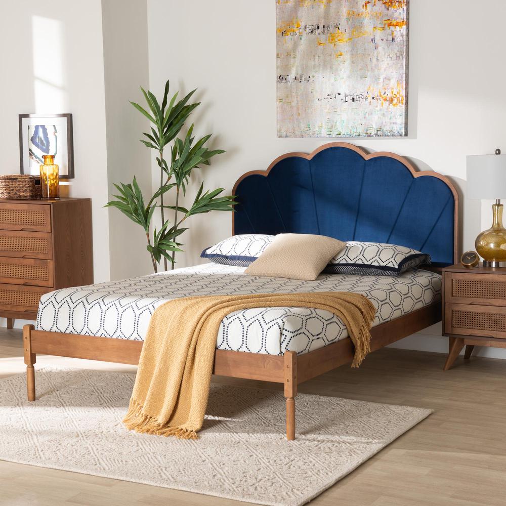 Modern Navy Blue Velvet and Walnut Brown Finished Wood Queen Size Platform Bed. Picture 16