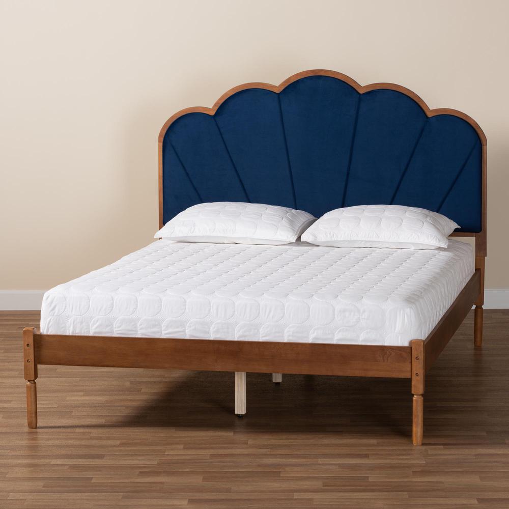 Modern Navy Blue Velvet and Walnut Brown Finished Wood Queen Size Platform Bed. Picture 17