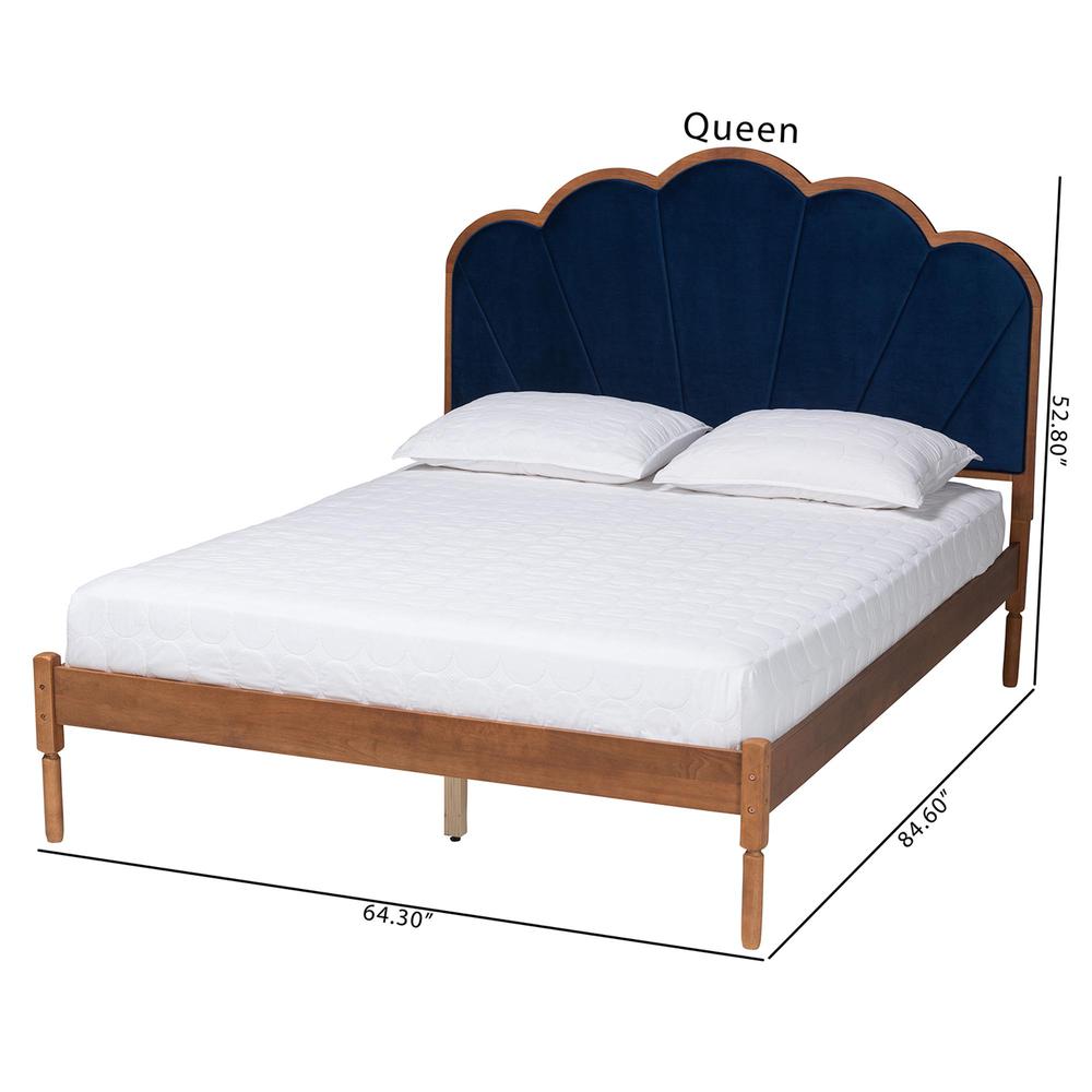 Modern Navy Blue Velvet and Walnut Brown Finished Wood Queen Size Platform Bed. Picture 18
