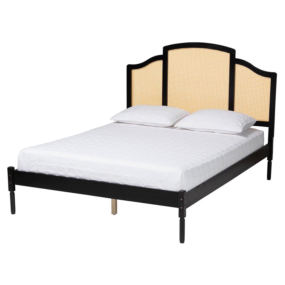 Traditional Black Finished Wood Queen Size Platform Bed with Woven Rattan. Picture 10