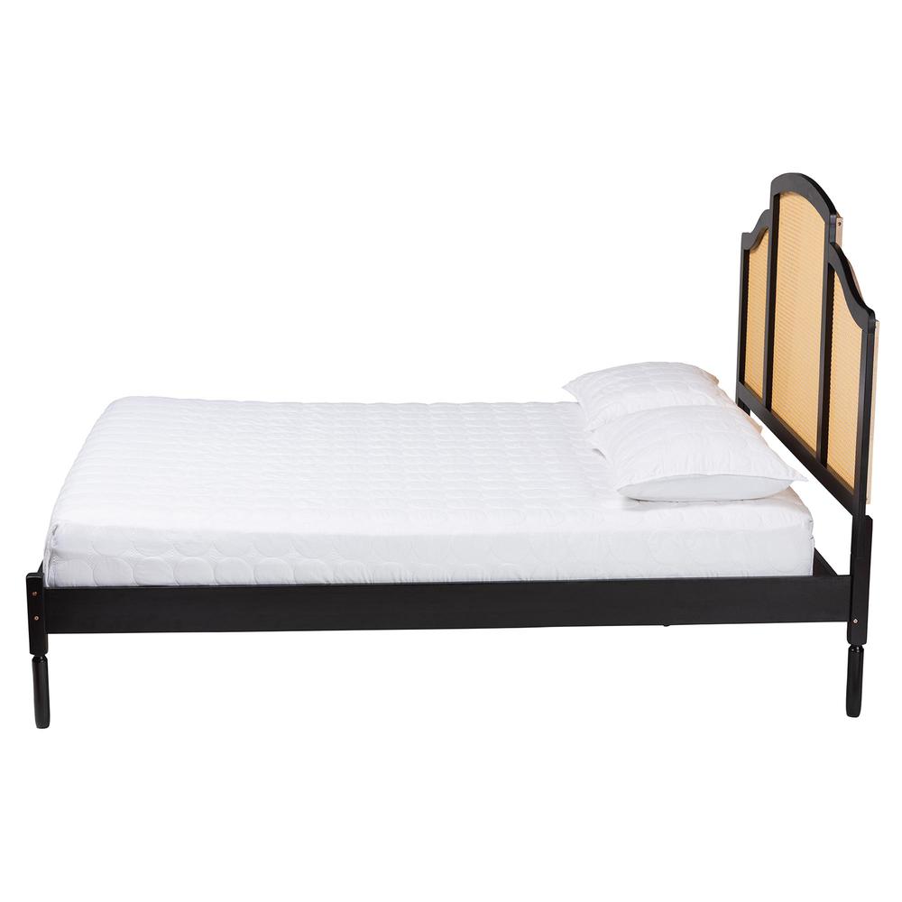 Traditional Black Finished Wood Queen Size Platform Bed with Woven Rattan. Picture 11