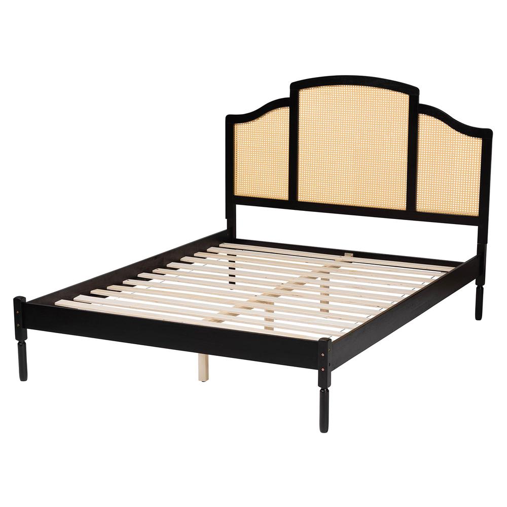 Traditional Black Finished Wood Queen Size Platform Bed with Woven Rattan. Picture 12