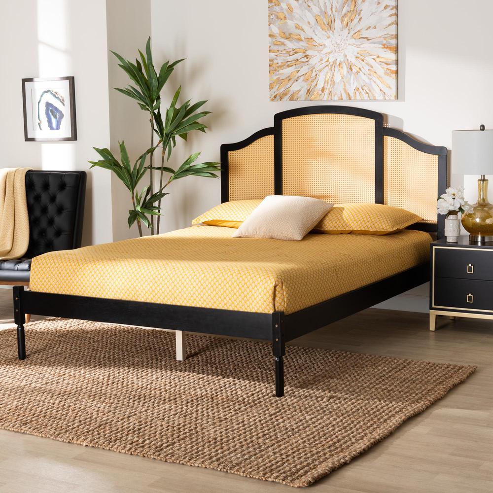 Traditional Black Finished Wood Queen Size Platform Bed with Woven Rattan. Picture 16