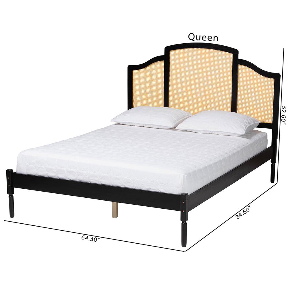 Traditional Black Finished Wood Queen Size Platform Bed with Woven Rattan. Picture 18