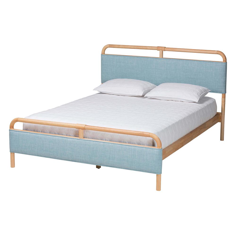 Contemporary Baby Blue Fabric and Natural Wood Queen Size Platform Bed. Picture 10