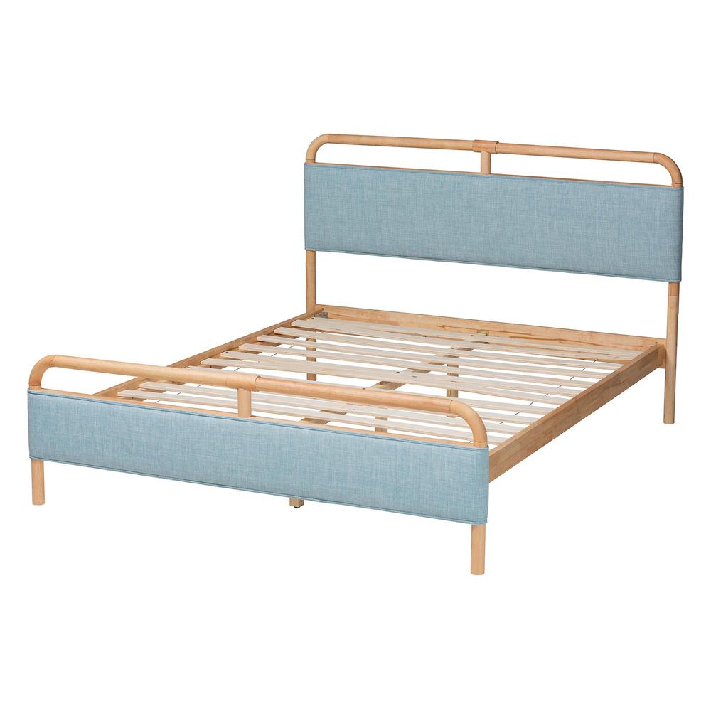 Contemporary Baby Blue Fabric and Natural Wood Queen Size Platform Bed. Picture 12