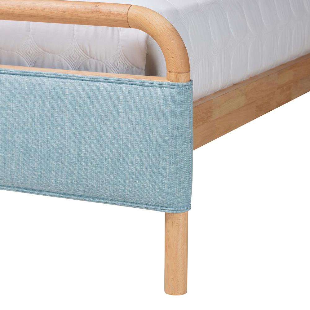 Contemporary Baby Blue Fabric and Natural Wood Queen Size Platform Bed. Picture 14