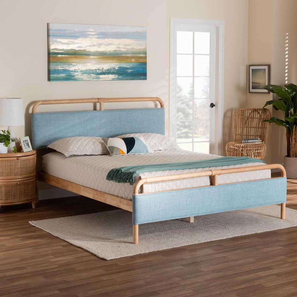 Contemporary Baby Blue Fabric and Natural Wood Queen Size Platform Bed. Picture 16
