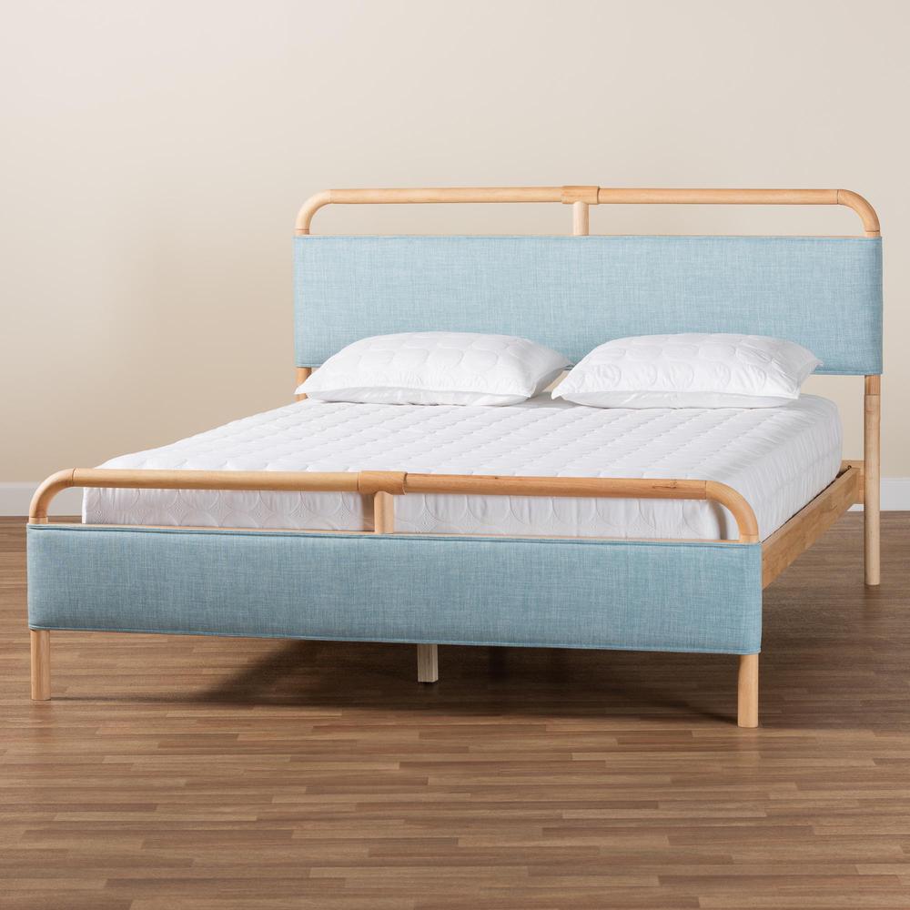 Contemporary Baby Blue Fabric and Natural Wood Queen Size Platform Bed. Picture 17