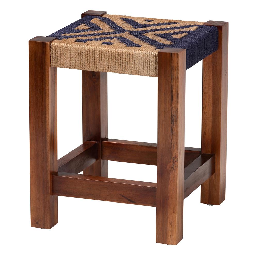 Bohemian Two-Tone Navy Blue and Natural Brown Seagrass and Acacia Wood Footstool. Picture 10