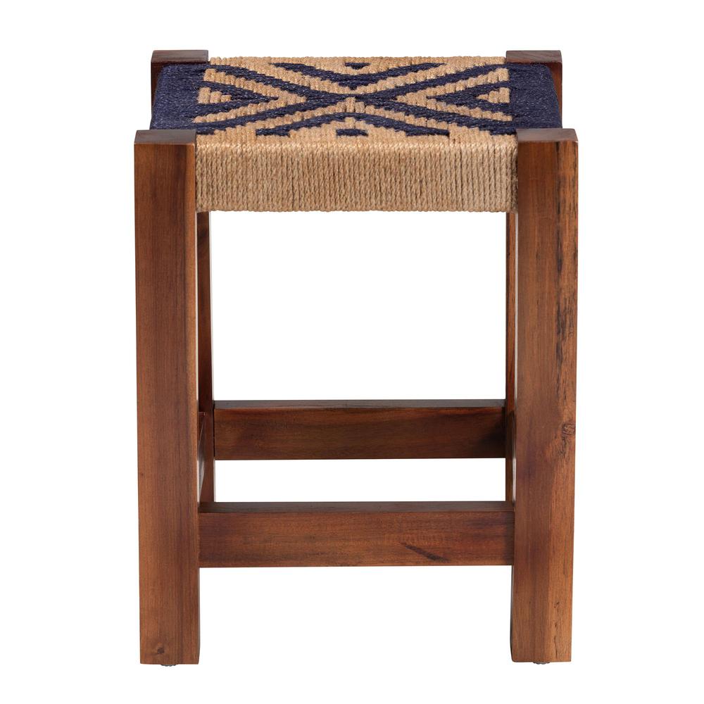 Bohemian Two-Tone Navy Blue and Natural Brown Seagrass and Acacia Wood Footstool. Picture 11