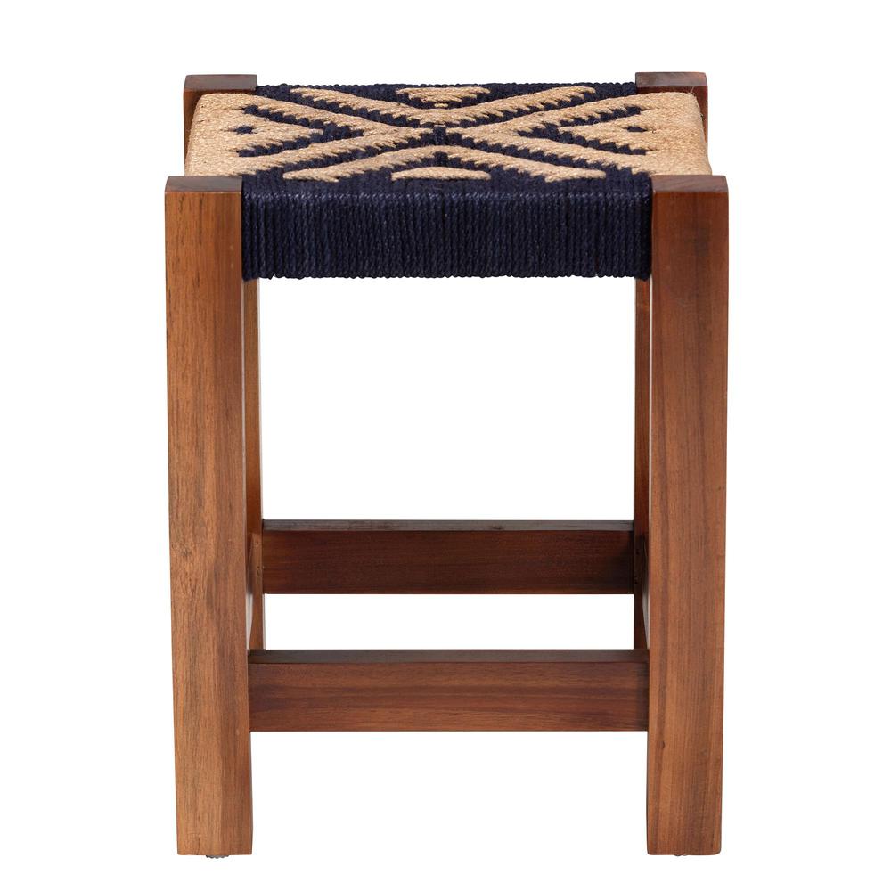 Bohemian Two-Tone Navy Blue and Natural Brown Seagrass and Acacia Wood Footstool. Picture 12