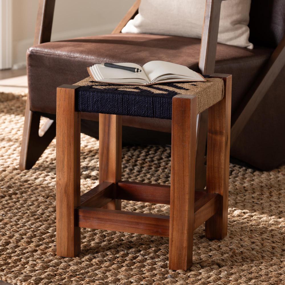 Bohemian Two-Tone Navy Blue and Natural Brown Seagrass and Acacia Wood Footstool. Picture 16