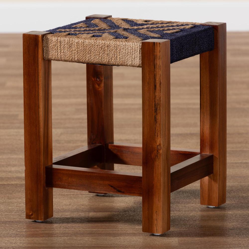 Bohemian Two-Tone Navy Blue and Natural Brown Seagrass and Acacia Wood Footstool. Picture 17