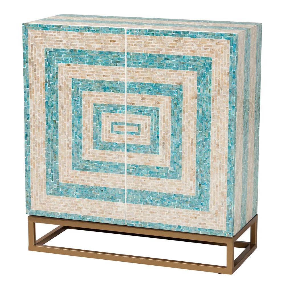 Bohemian Two-Tone Beige and Blue Mother of Pearl and Gold Metal Storage Cabinet. Picture 11