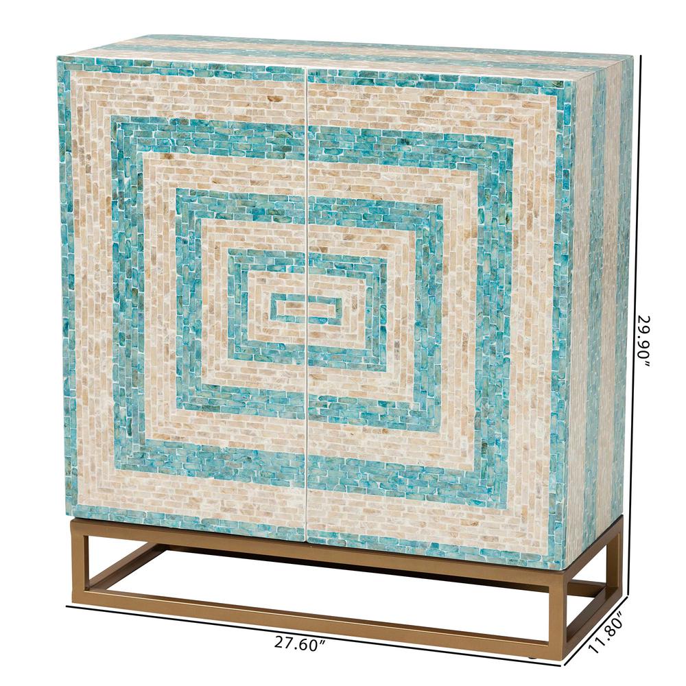 Bohemian Two-Tone Beige and Blue Mother of Pearl and Gold Metal Storage Cabinet. Picture 20