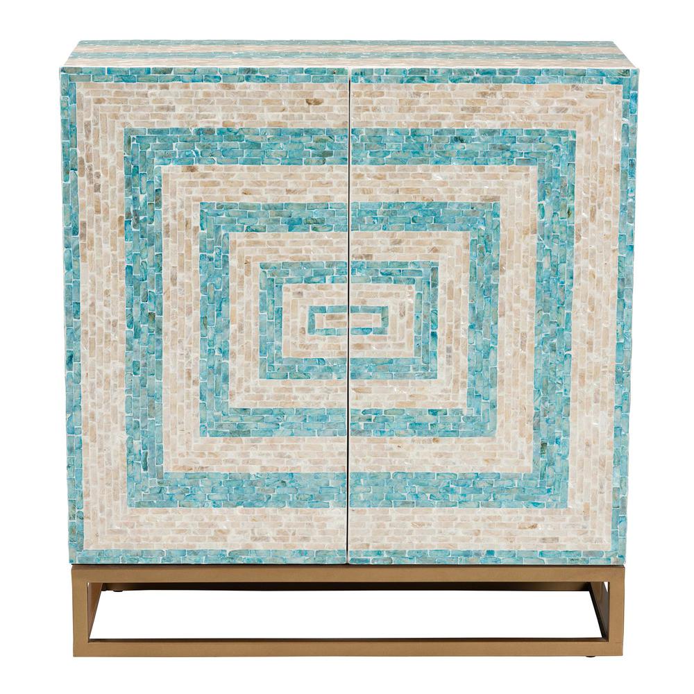 Bohemian Two-Tone Beige and Blue Mother of Pearl and Gold Metal Storage Cabinet. Picture 13