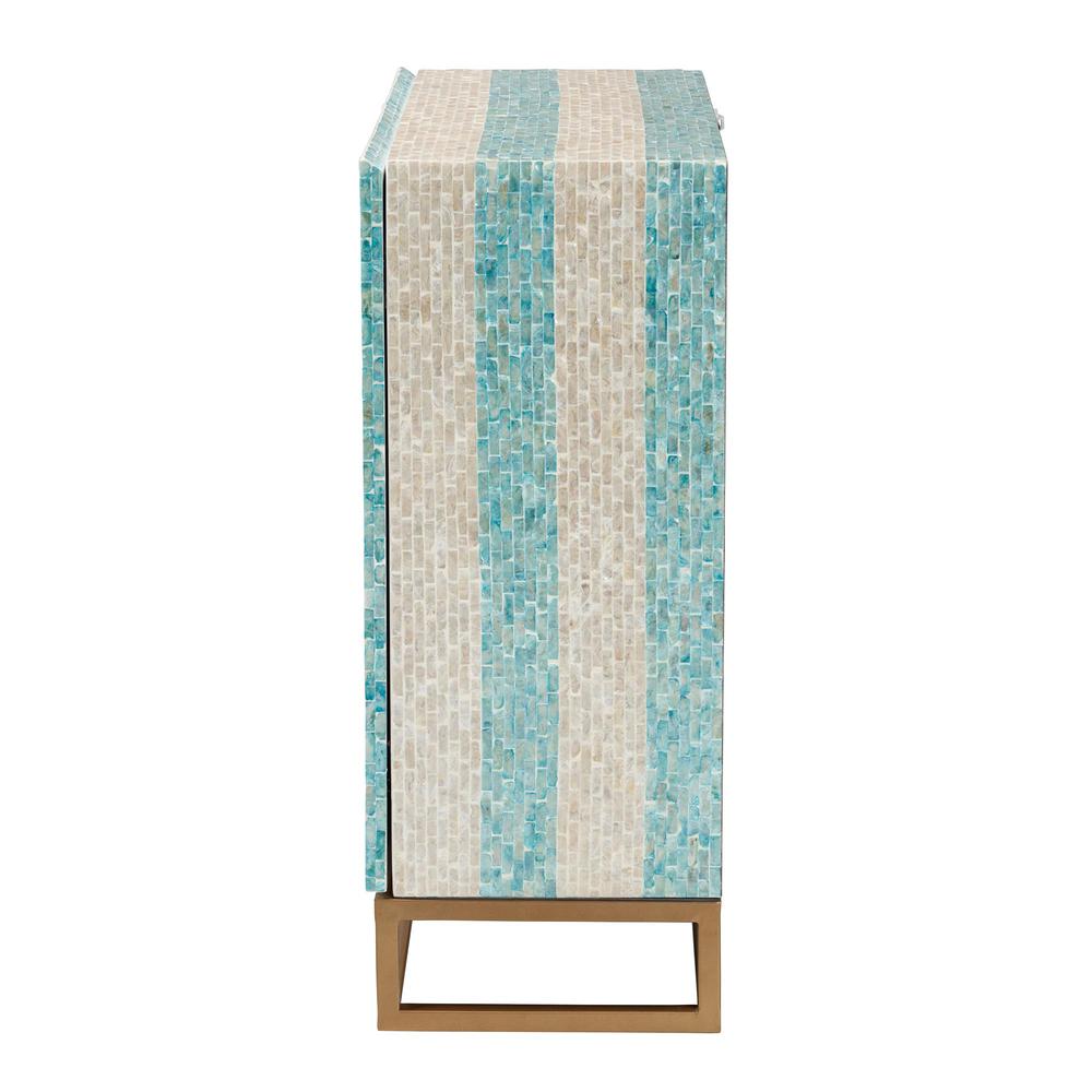 Bohemian Two-Tone Beige and Blue Mother of Pearl and Gold Metal Storage Cabinet. Picture 14