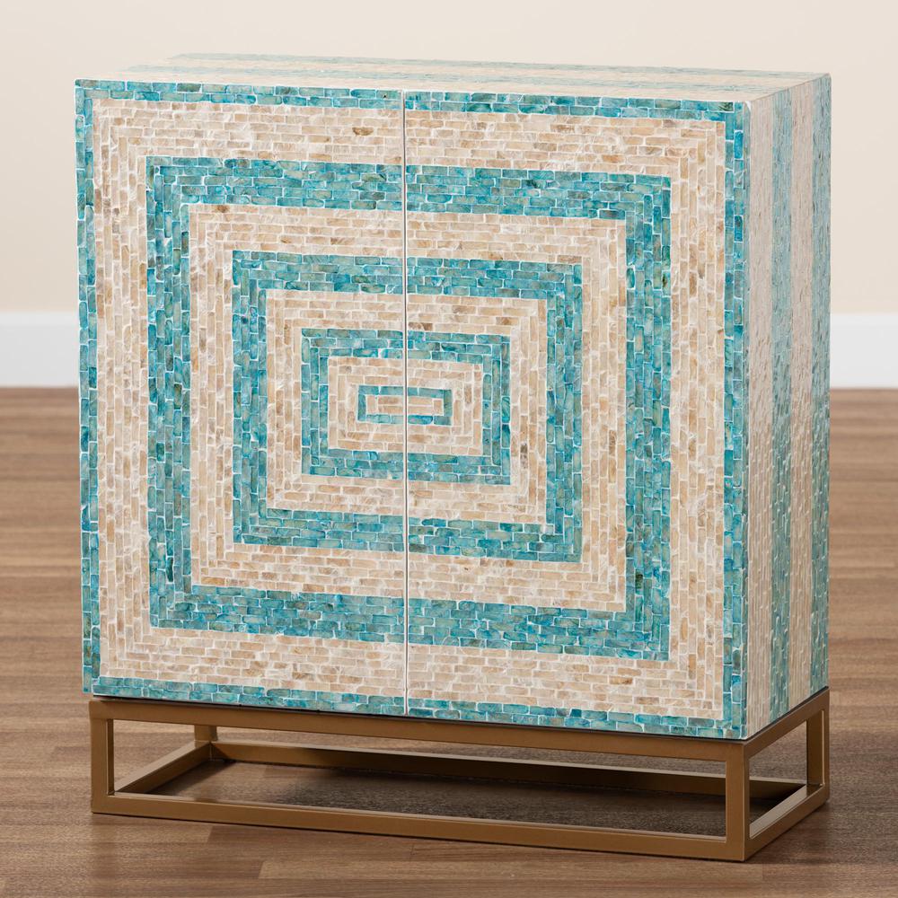 Bohemian Two-Tone Beige and Blue Mother of Pearl and Gold Metal Storage Cabinet. Picture 19