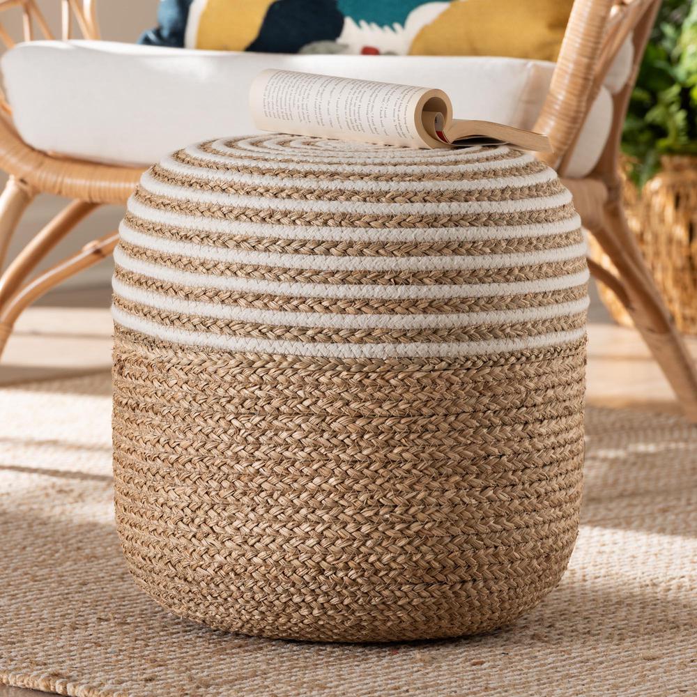 Bohemian Natural Brown Seagrass and Woven Rope Ottoman Footstool. Picture 12