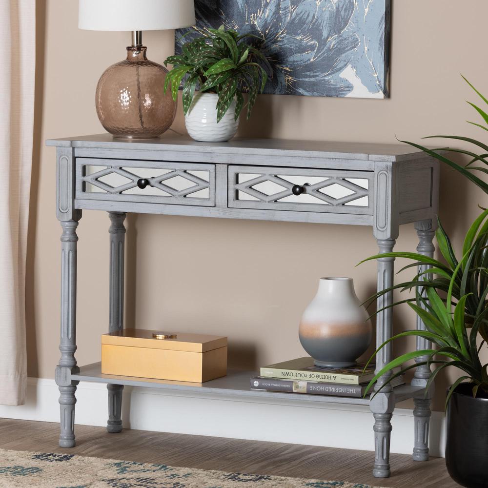 Gellert Classic and Traditional Grey Finished Wood 2-Drawer Console Table. Picture 18