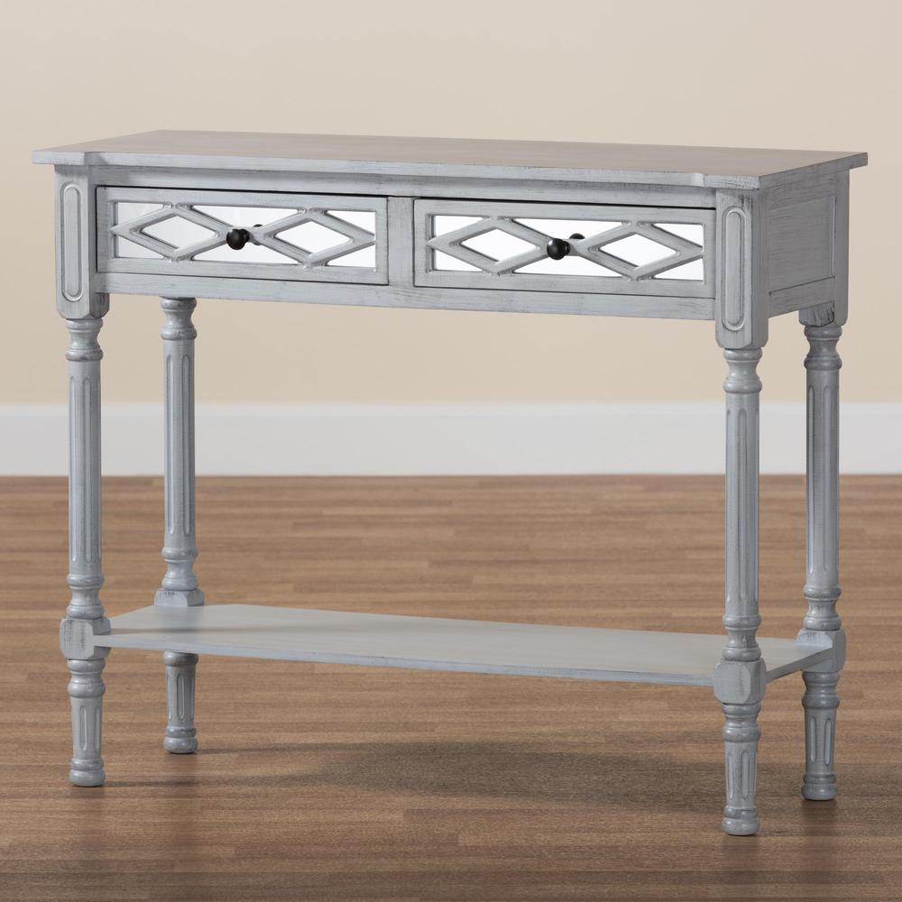 Gellert Classic and Traditional Grey Finished Wood 2-Drawer Console Table. Picture 19