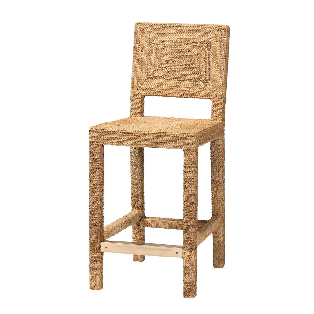 Anfield Modern Bohemian Natural Seagrass and Mahogany Wood Counter Stool. Picture 11